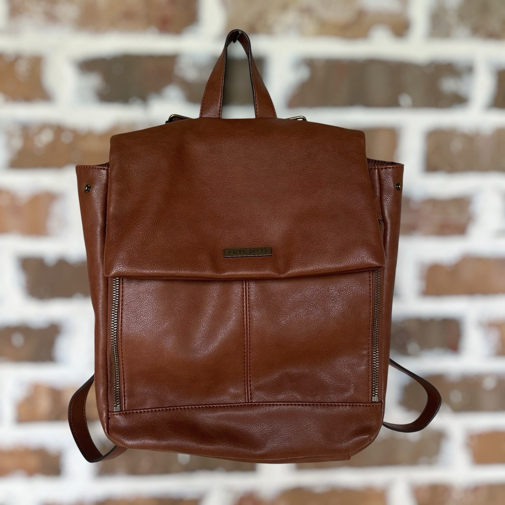 Frye and Co Backpack 12x13 Inch Vegan Faux Brown Leather Boho Hippie Travel Zip